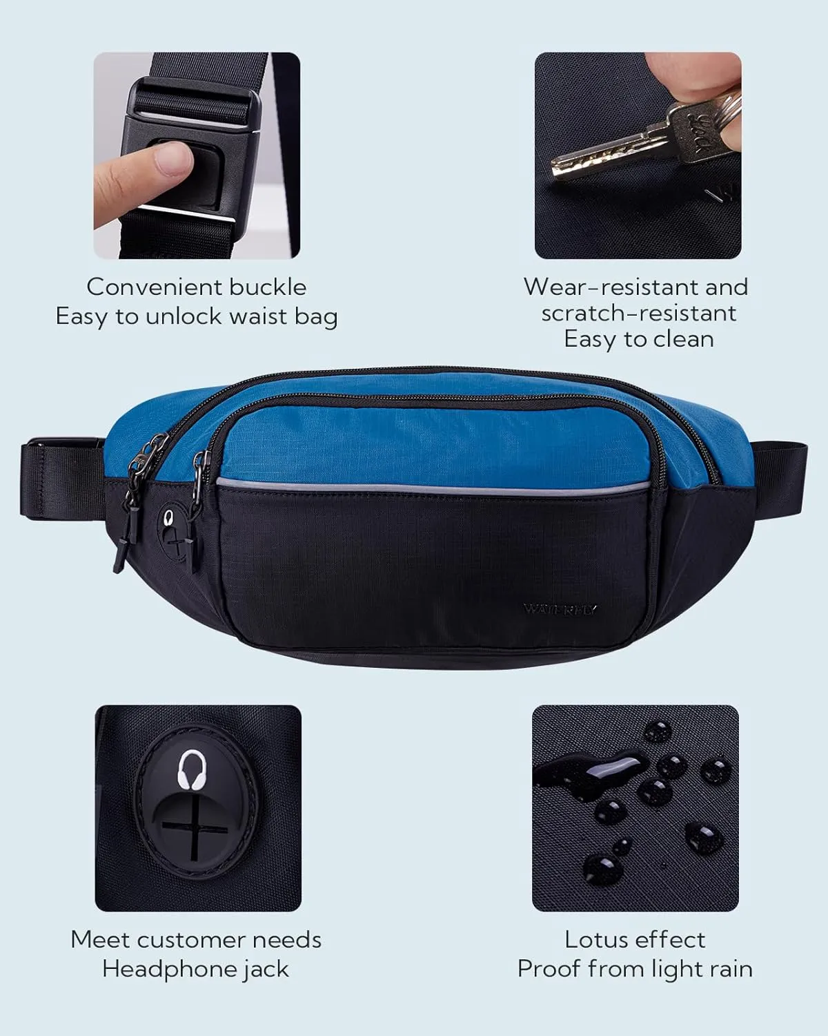 WATERFLY Fanny Pack Waist Bag: Large Waist Packs for Women Men Fashion Crossbody Belt Bags for Hiking Running Travel Walking-Black & Sky Blue