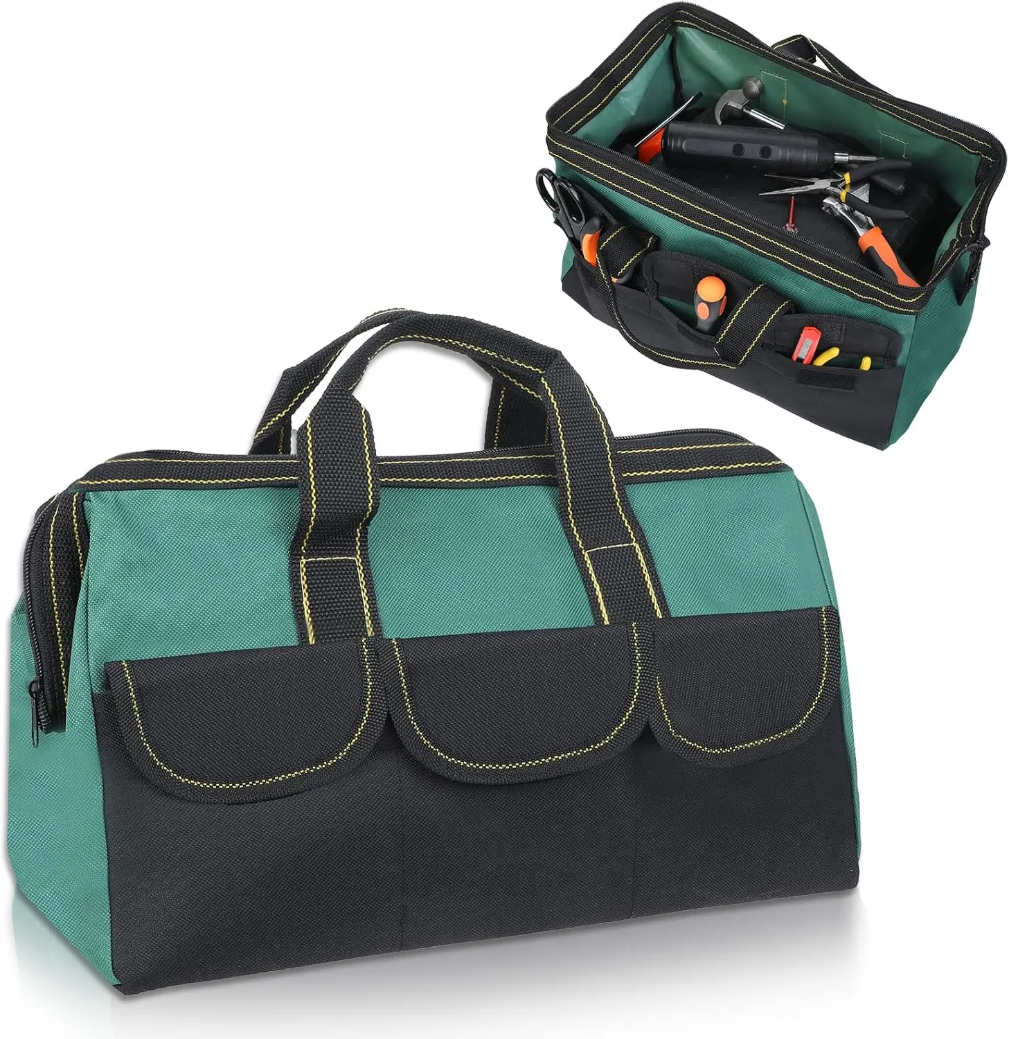 Wide Mouth Tool Bag, 16 Inch Green Waterproof Power Tool Bag Organizer Drill Bag Electrician Tool Bag Tool Tote for Professionals, Construction Electricians Carpentry and DIY Enthusiasts
